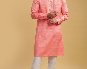 Men long kurta neon pink color poly cot with jacquard weave yoke gents full kurta mandarin collar and long sleeves