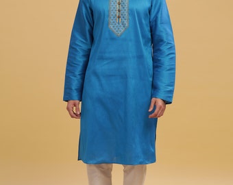 Indian festive men long kurta Blue poly cot dupion gents full kurta mandarin collar and long sleeves