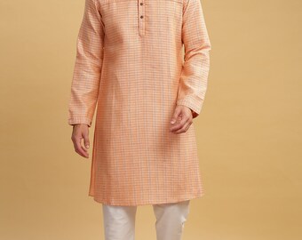 Men long kurta Peach color poly cot jacquard  weave with embroidery gents full kurta mandarin collar and long sleeves