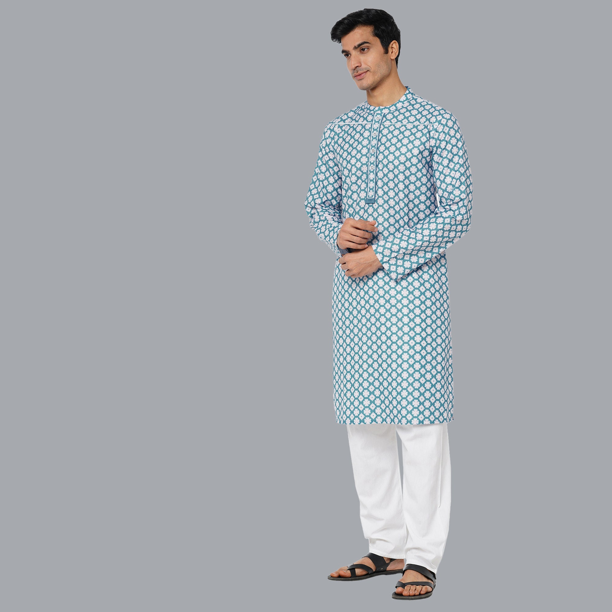 Indian contemporary men long kurta Light blue white color polycot digital printed gents full kurta mandarin collar and long sleeves