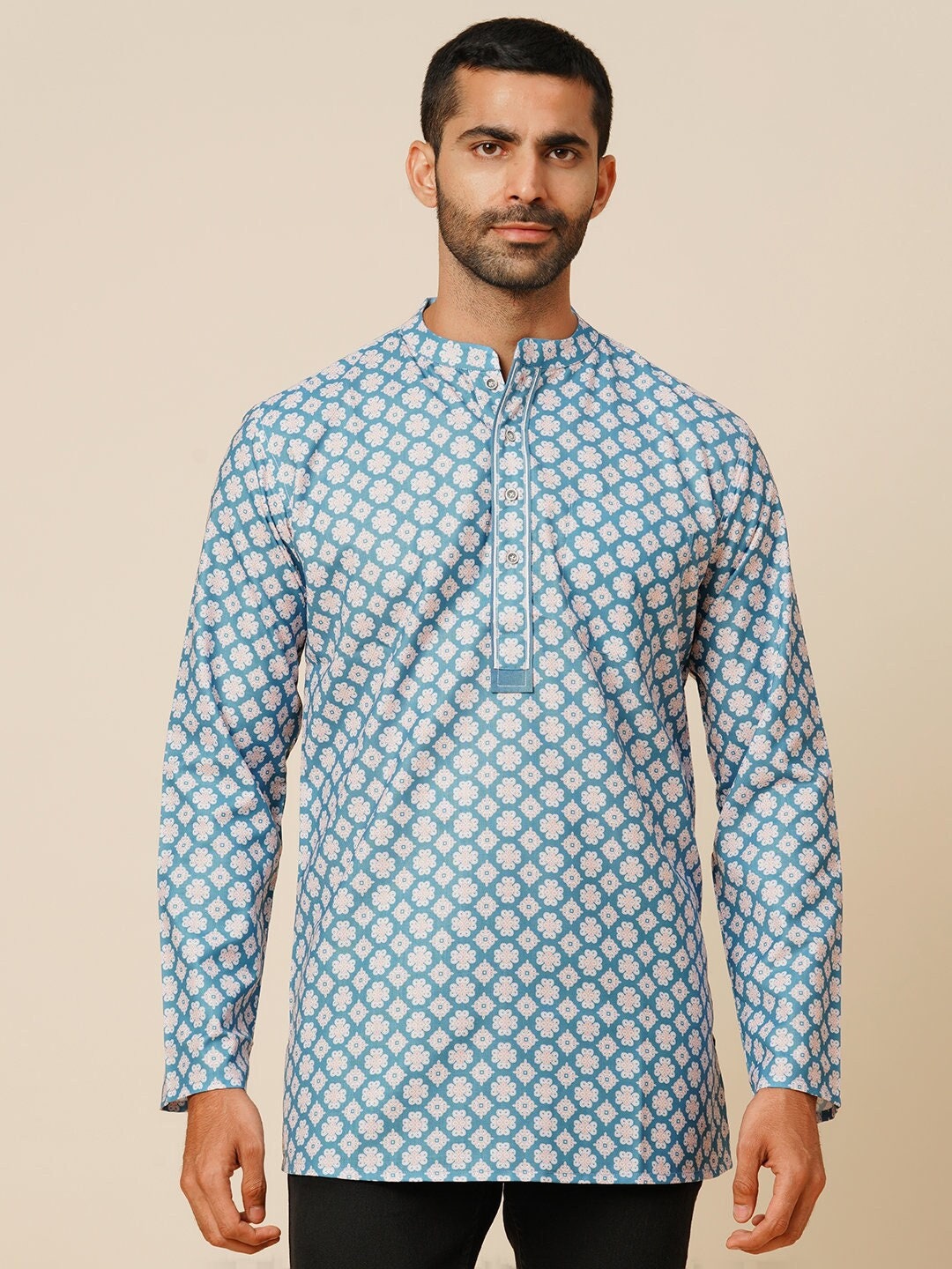 Indian Contemporary Sky Blue Poly Cot Digital Printed Men Short Kurta
