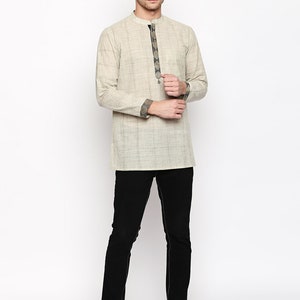 Indian contemporary men short kurta Beige cotton with black and golden border gents loose shirt mandarin collar image 3