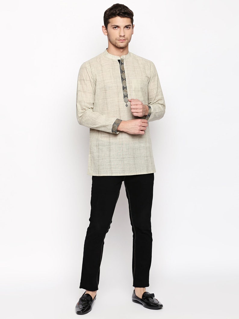 Indian contemporary men short kurta Beige cotton with black and golden border gents loose shirt mandarin collar image 3