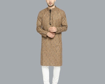 Indian contemporary men long kurta Rust color polycot black and white block printed  gents kurta mandarin collar and long sleeves