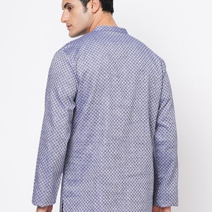 Indian contemporary men short kurta Blue & grey color cotton checkers gents loose shirt in mandarin collar and long sleeves image 7