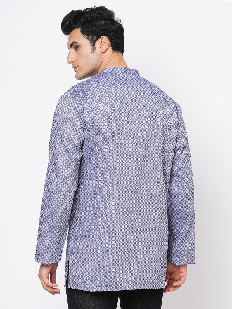 Indian contemporary men short kurta Blue & grey color cotton checkers gents loose shirt in mandarin collar and long sleeves image 7
