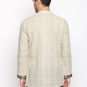 Indian contemporary men short kurta Beige cotton with black and golden border gents loose shirt mandarin collar image 6