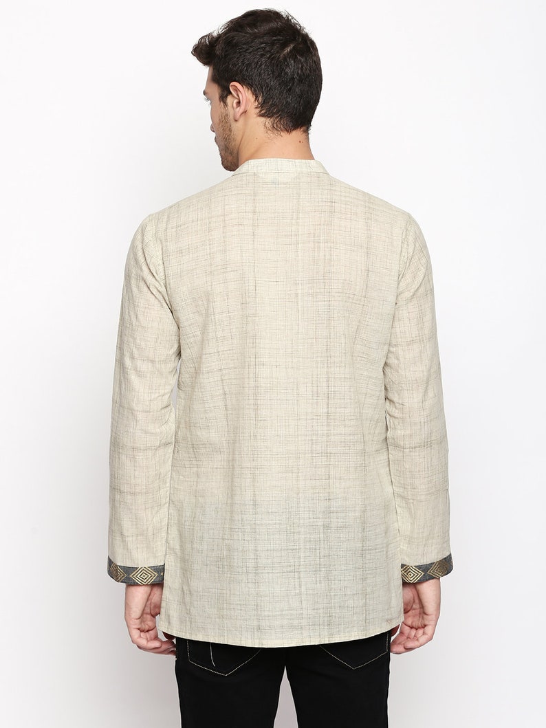 Indian contemporary men short kurta Beige cotton with black and golden border gents loose shirt mandarin collar image 6