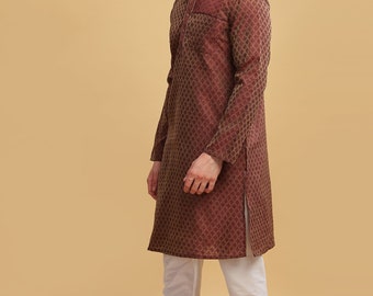 Men long kurta brown color Banarsi jacquard poly cot indian wedding gents full kurta mandarin collar and long sleeves