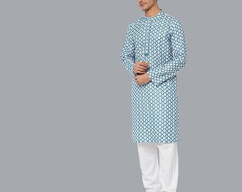 Indian contemporary men long kurta Light blue white color polycot digital printed gents full kurta mandarin collar and long sleeves