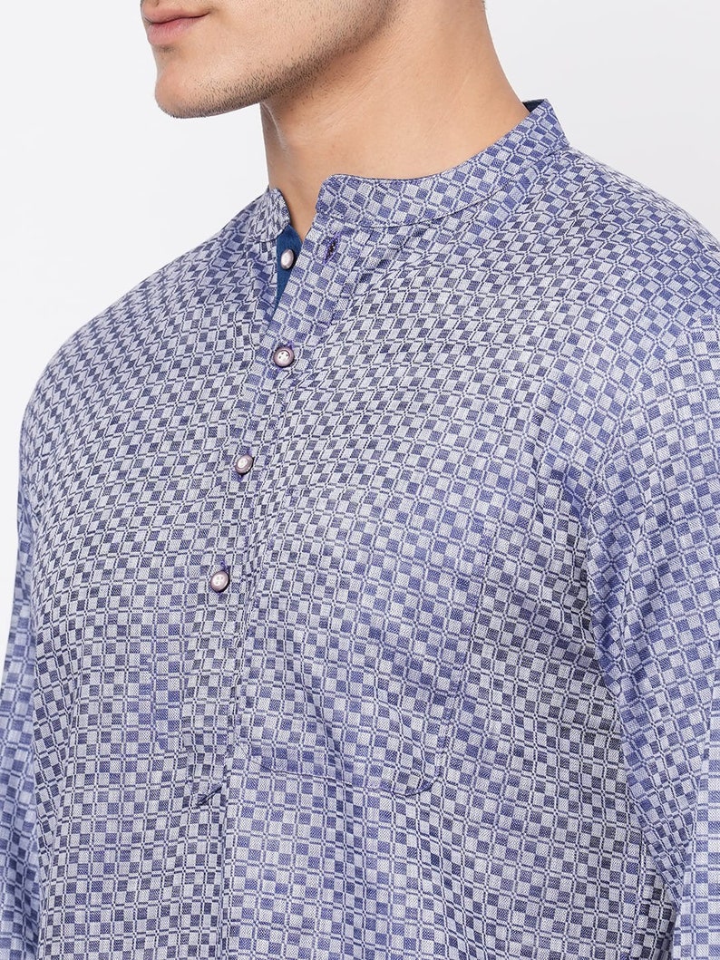 Indian contemporary men short kurta Blue & grey color cotton checkers gents loose shirt in mandarin collar and long sleeves image 3