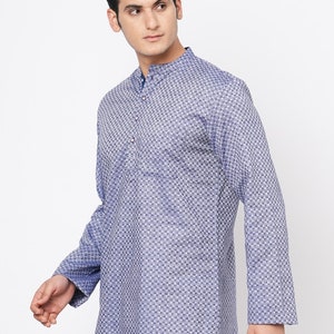 Indian contemporary men short kurta Blue & grey color cotton checkers gents loose shirt in mandarin collar and long sleeves image 6