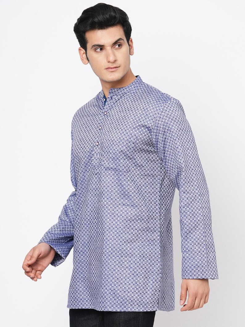 Indian contemporary men short kurta Blue & grey color cotton checkers gents loose shirt in mandarin collar and long sleeves image 6