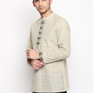 Indian contemporary men short kurta Beige cotton with black and golden border gents loose shirt mandarin collar image 2