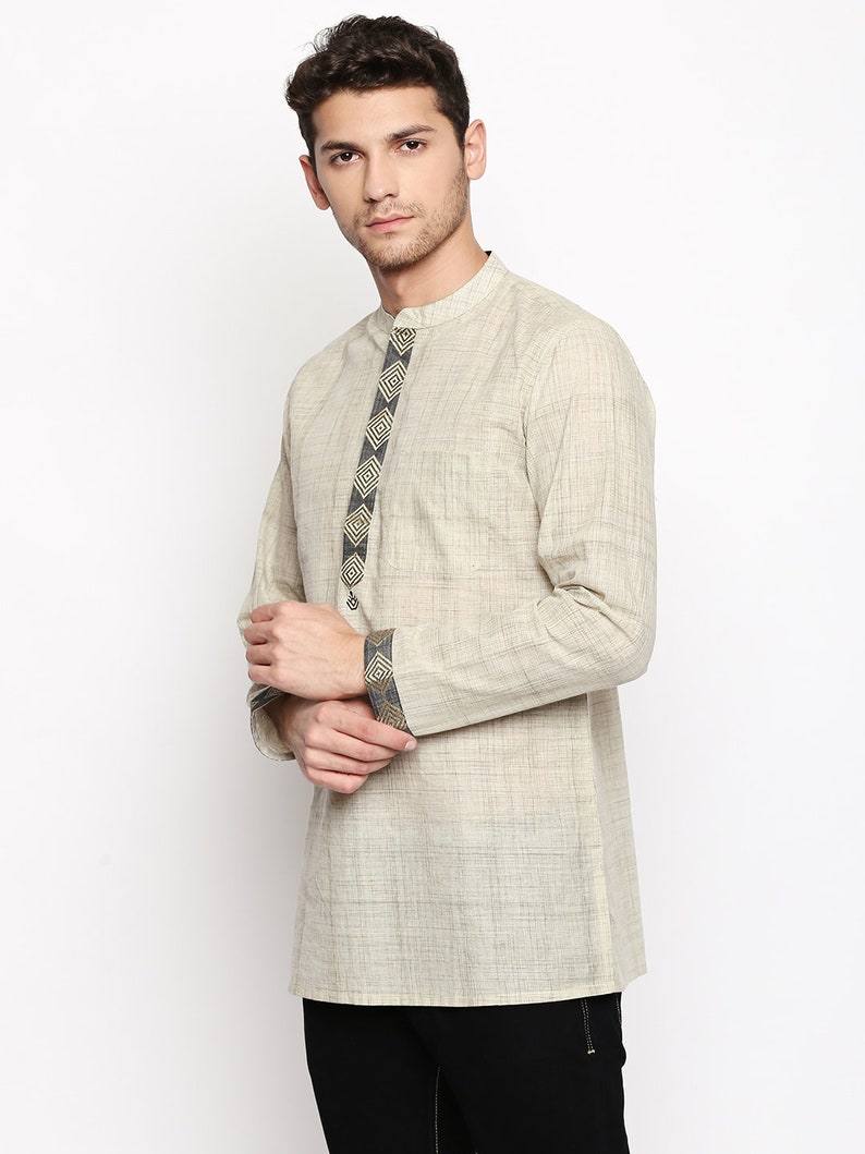 Indian contemporary men short kurta Beige cotton with black and golden border gents loose shirt mandarin collar image 2