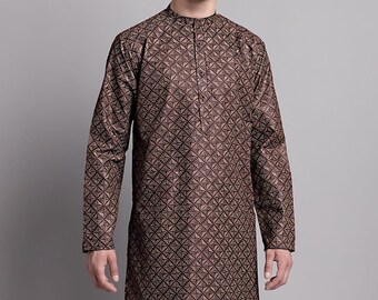 Indian contemporary brown color poly cot digital printed men long kurta gents full kurta mandarin collar and long sleeves