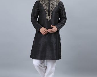 Indian festive wedding black color poly cot Dupion with embroidery men long kurta gents full kurta mandarin collar and long sleeves