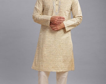 Men long kurta beige color poly cot multicolor threads handloom weave with embroidery gents full kurta mandarin collar and long sleeves