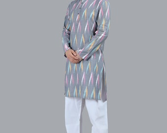 Indian contemporary men long kurta Grey color IKKAT handloom cotton gents full kurta mandarin collar and long sleeves