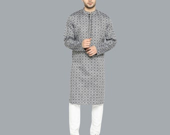 Indian contemporary men long kurta Black & grey checkers cotton  gents kurta mandarin collar and long sleeves