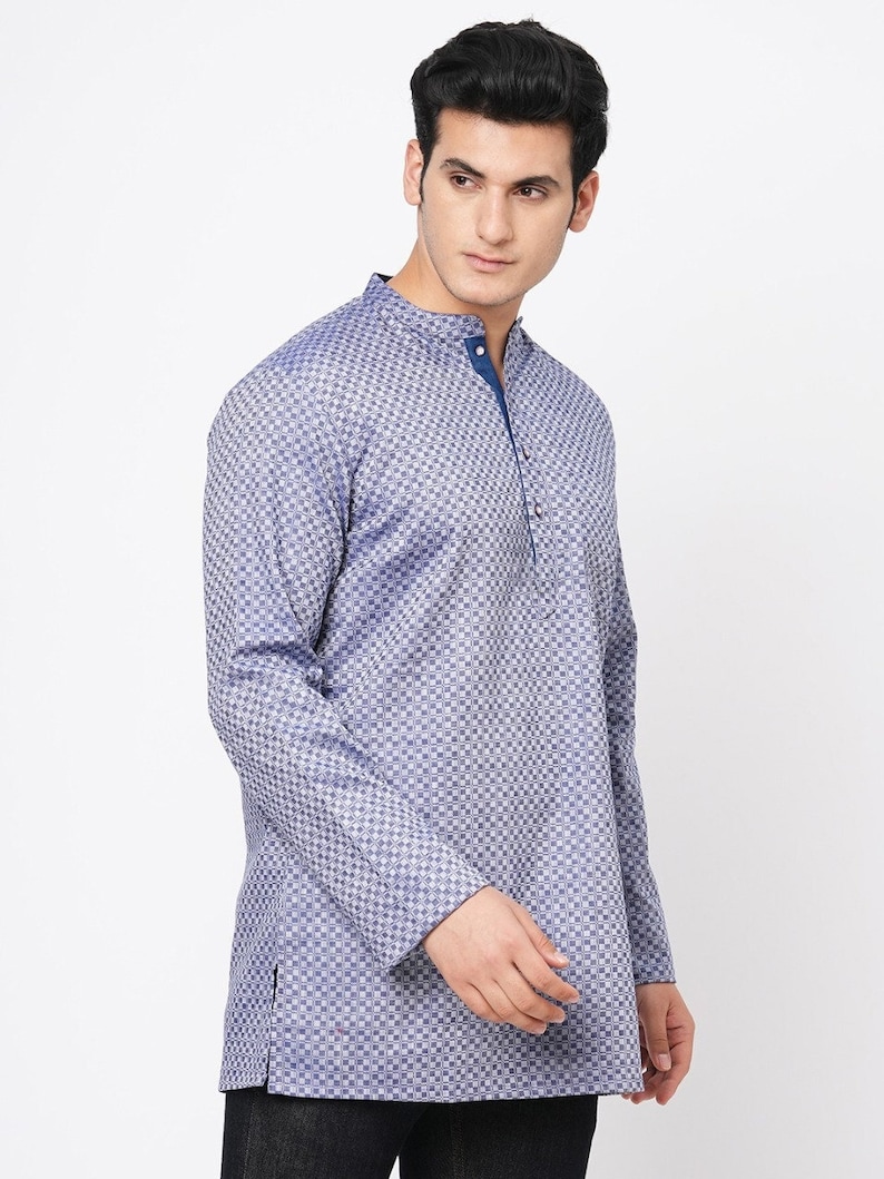 Indian contemporary men short kurta Blue & grey color cotton checkers gents loose shirt in mandarin collar and long sleeves image 1