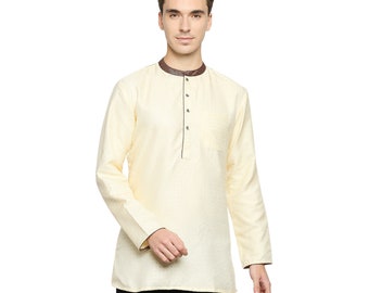 Indian wedding wear beige color jacquard poly-cot with brown  mandarin collar men short kurta gents loose shirt, & long sleeves