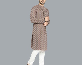 Indian contemporary men long kurta Rust multi color threads checker weave cotton  gents kurta mandarin collar and long sleeves