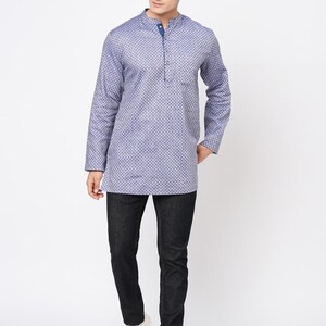 Indian contemporary men short kurta Blue & grey color cotton checkers gents loose shirt in mandarin collar and long sleeves image 4