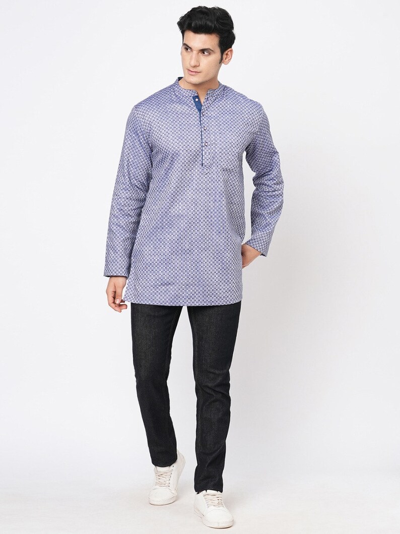 Indian contemporary men short kurta Blue & grey color cotton checkers gents loose shirt in mandarin collar and long sleeves image 4