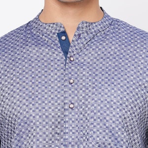 Indian contemporary men short kurta Blue & grey color cotton checkers gents loose shirt in mandarin collar and long sleeves image 5