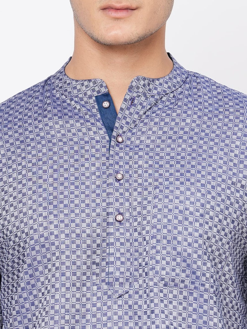 Indian contemporary men short kurta Blue & grey color cotton checkers gents loose shirt in mandarin collar and long sleeves image 5