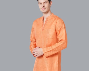 Besticktes Banarsi Weave Kurta: Indisches Stehkragen Hemd