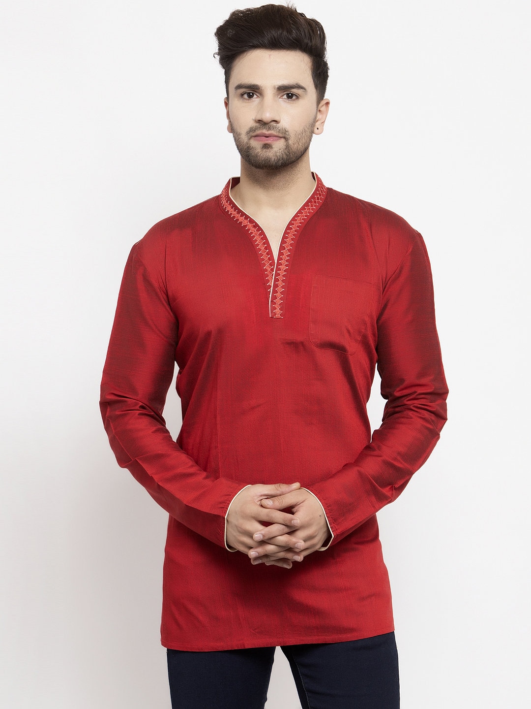 Indian Wedding Men Short Kurta Red Color Polycot Silk Embroidered