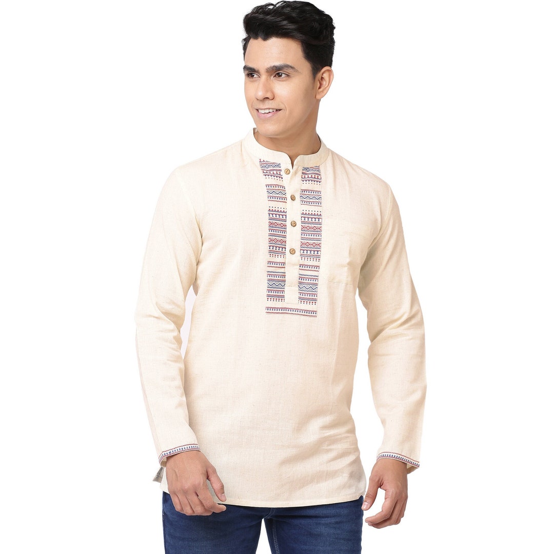 Indian Handloom Men Short Kurta Beige Cotton Gent Loose Shirt Front