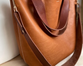 Handmade Italian Veg Tanned Leather Tote Bag with Detachable Strap