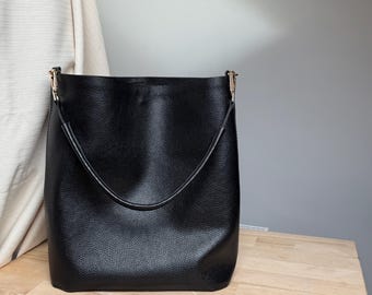 Handmade Black Italian Leather Bucket Bag, Minimal Everyday Bag