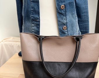 Handmade Two-Tone Italian Leather Tote Bag, Black & Taupe Shoulder Bag, Minimalist Everyday Purse