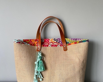 Handmade Jute Beach Bag: Leather Handles & Tassel
