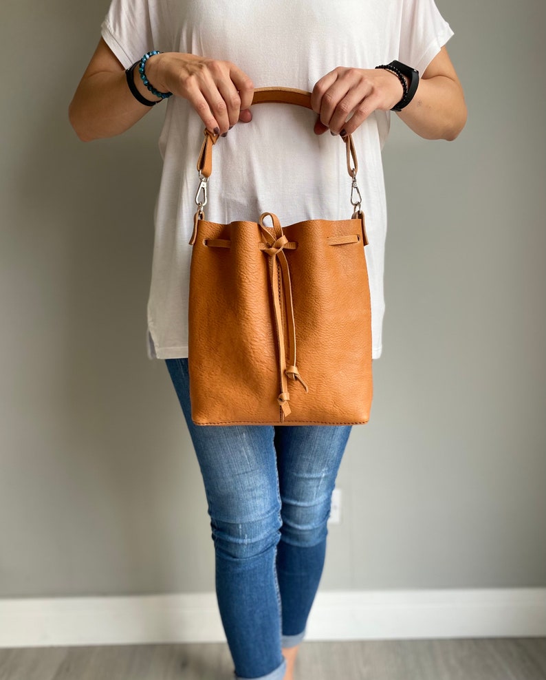 Natural Tan Bucket Bag, High Quality Veg Tanned Leather Handmade Bag, Italian Genuine Leather Handbag, Leather Bag image 9