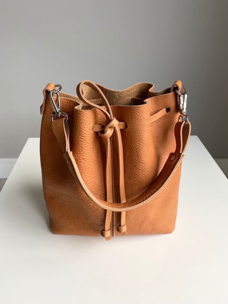 Natural Tan Bucket Bag, High Quality Veg Tanned Leather Handmade Bag, Italian Genuine Leather Handbag, Leather Bag image 1