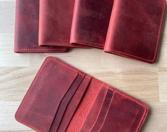 Handmade Wallet, Minimal Design Wallet, Genuine Raw Leather Card Holder, Red Leather