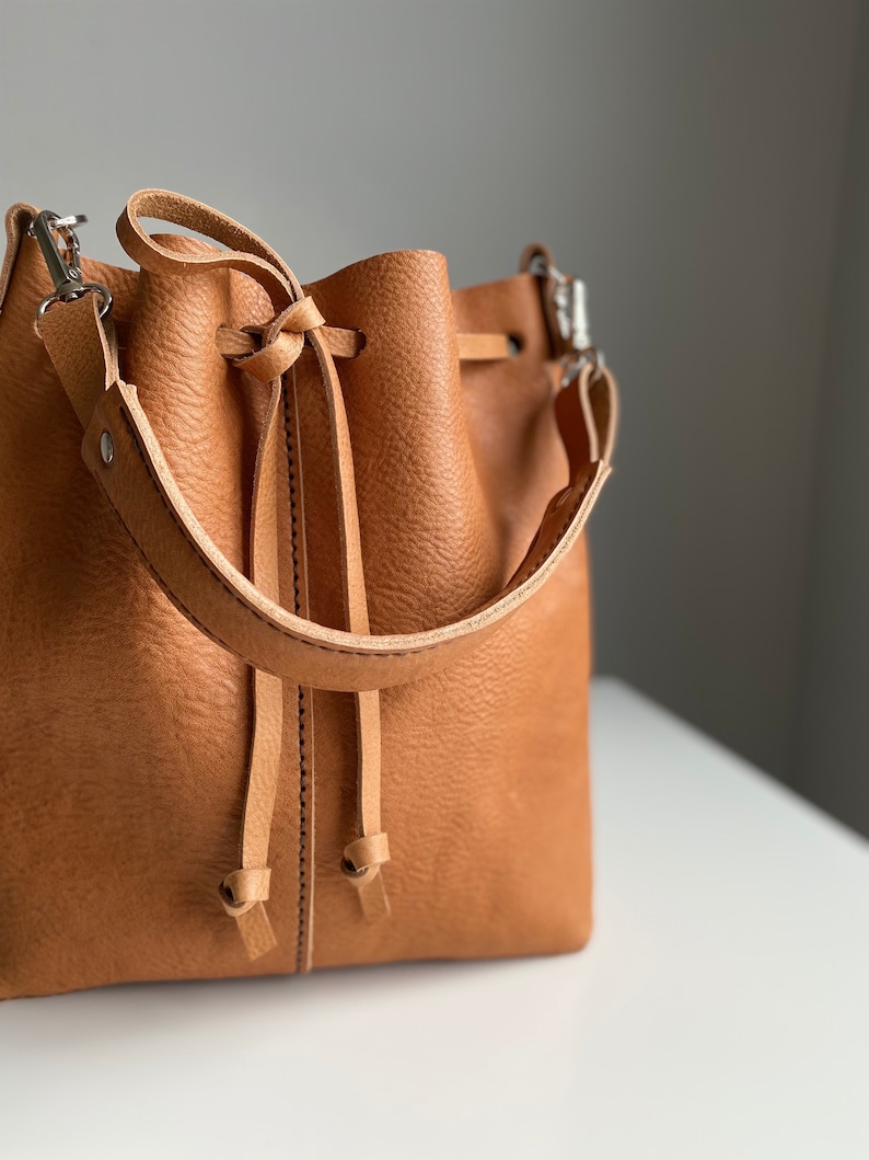 Natural Tan Bucket Bag, High Quality Veg Tanned Leather Handmade Bag, Italian Genuine Leather Handbag, Leather Bag image 6