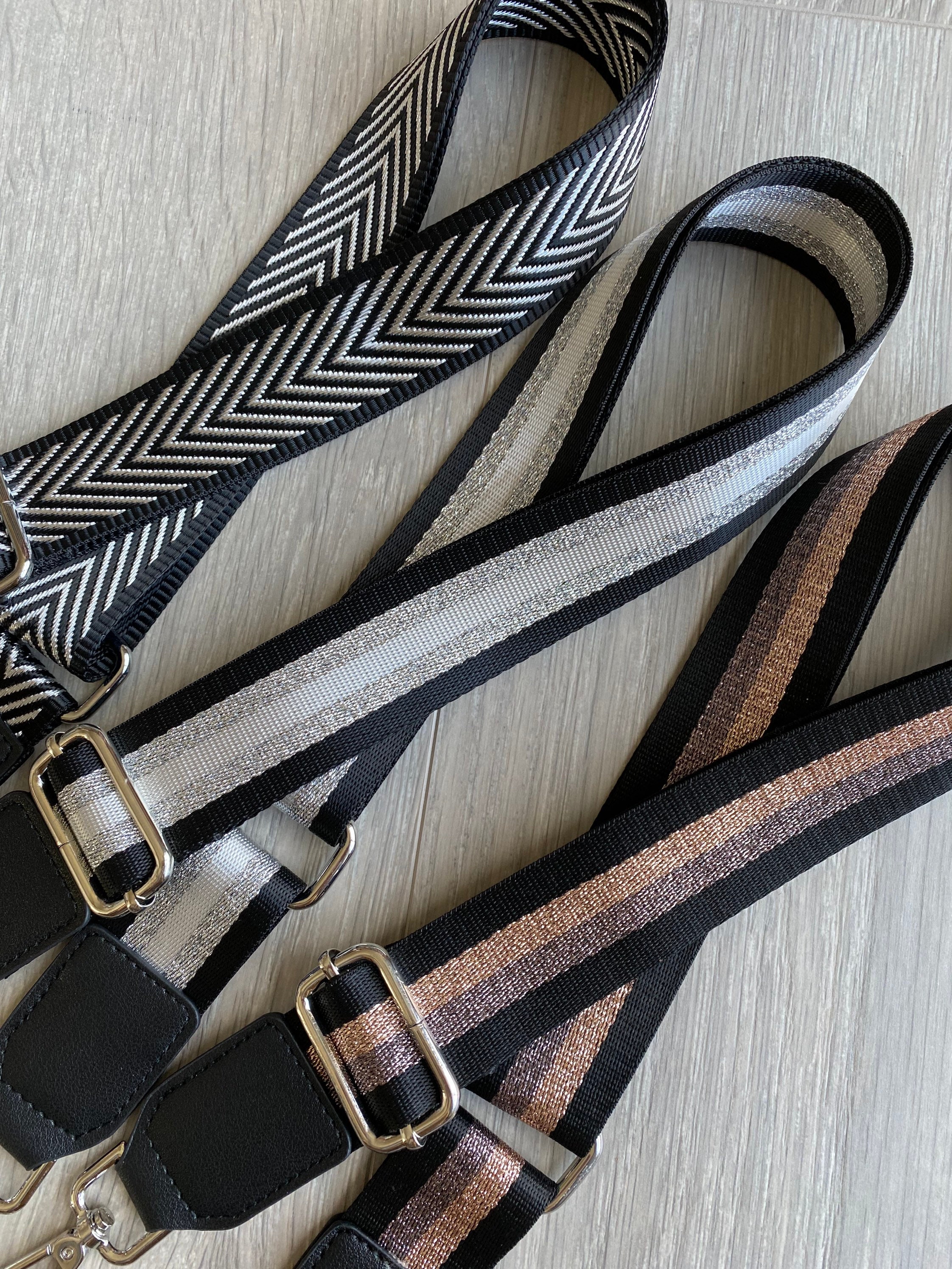 Black & Silver Canvas Bag Strap, Replacement Bag Strap, Stripe Print Bag Strap, Adjustable Handbag Strap, Silver Hardware Bag Strap