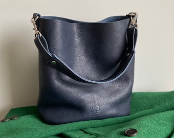 High Quality Vegetal Leather Handmade Bag, Italian Genuine Veg Tan Leather Handbag, Navy Leather Bag
