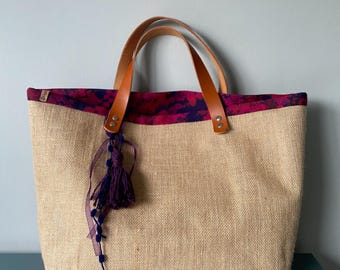 Handmade Jute Beach Bag: Italian Leather Handles & Tassels