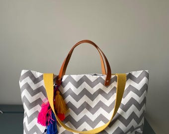 Handmade Beach Tote Bag: Striped or Zigzag, Leather Handles