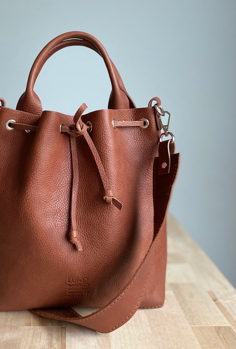Handmade Leather Bucket Bag, Genuine Leather Handbag, Veg Tanned Italian Leather, Bucket Bag, Soft Leather Bag image 3