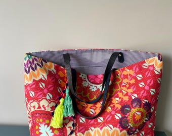 Handmade Cotton Beach Tote: Italian Leather Handles & Tassels
