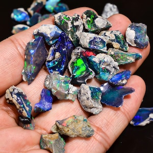 May include: A collection of rough, natural black opal gemstones with iridescent blue, green, and red flashes. The opals are in various sizes and shapes, and some have a rough, matrix-like appearance.