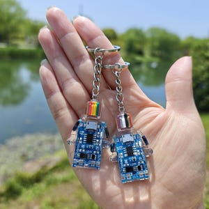 May include: Two keychains featuring a robot design with a blue circuit board body and clear plastic limbs. Each robot has a rainbow or clear head and is attached to a silver chain and keyring. The background shows a lake and greenery.